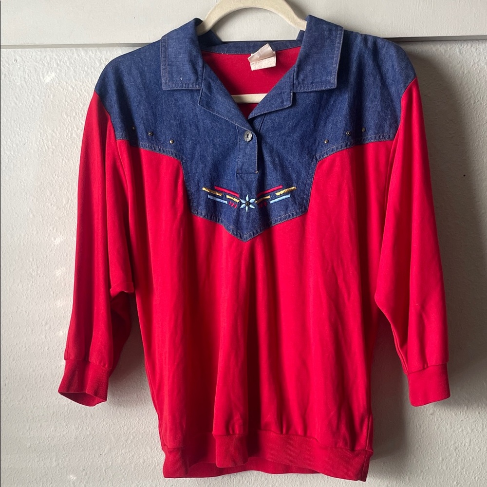 Vintage G.W. red floral embroidered dolman style blouse with denim detail